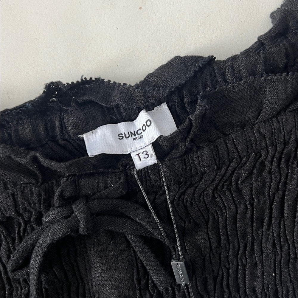NWT SUNCOO PARIS Black Smocked Peplum Linen Blend Babydoll Flutter Sleeve Top T3 - Picture 8 of 9